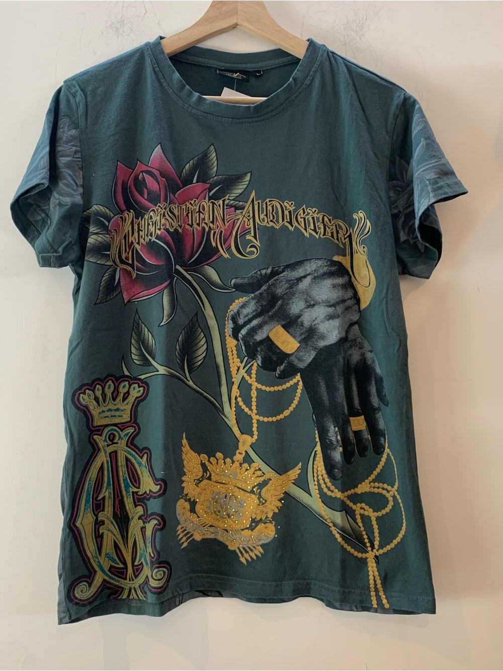 Christian Audigier Vintage Y2K Graphic T-Shirt Green Rose Gold Large